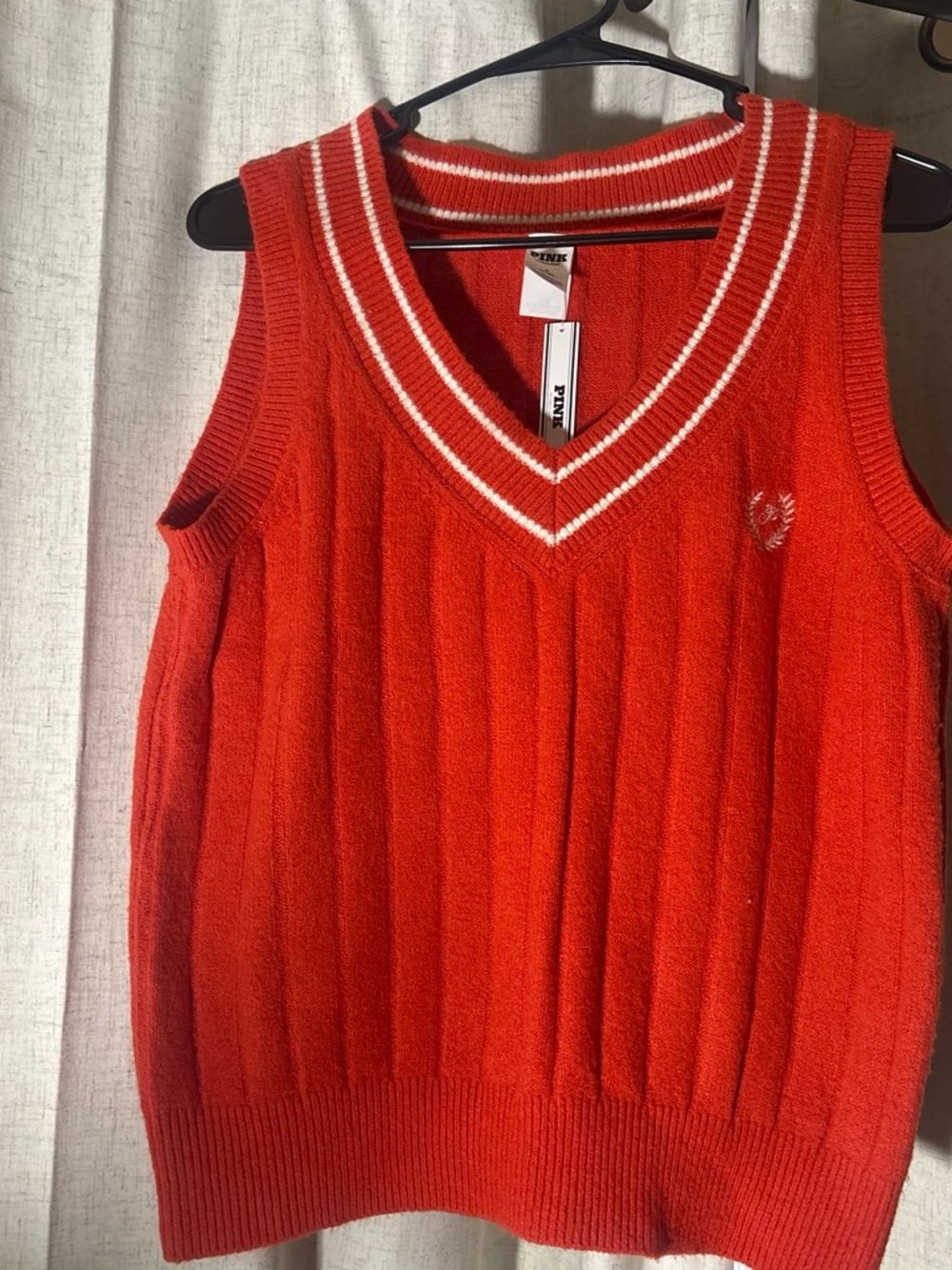 PINK Victoria's Secret Red Sleeveless V-Neck Sweater Vest with White Trim